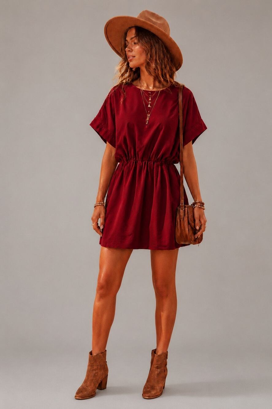 Banana Republic 100 % Cotton Boho Mini Dress Gathered Waist - Ruby Red -XS